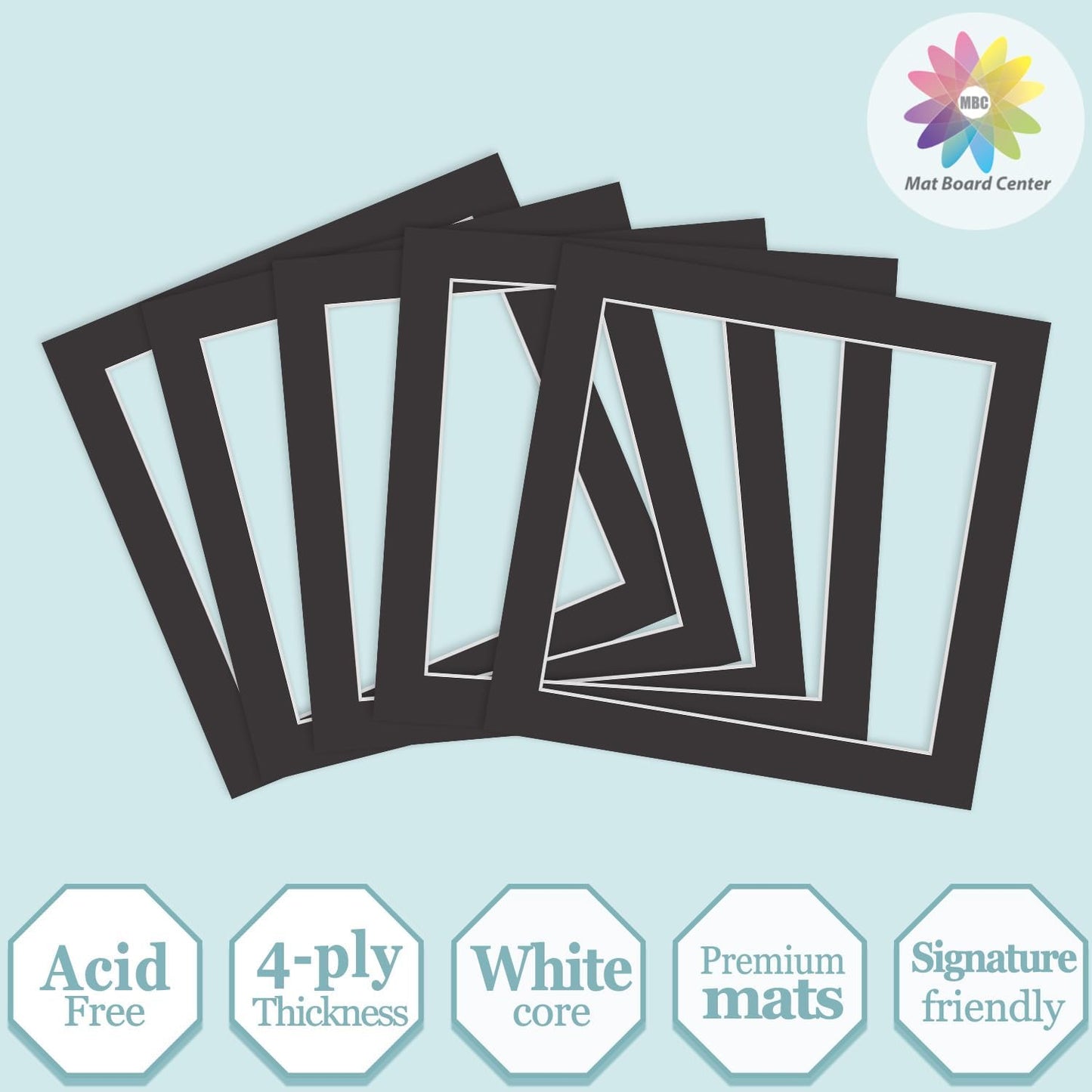 MBC Mat Board Center, 5 Pack 12x12 for 10x10 Black Picture Mats Frame Mattes, Bevel Cut, Acid Free, 4-ply Thickness