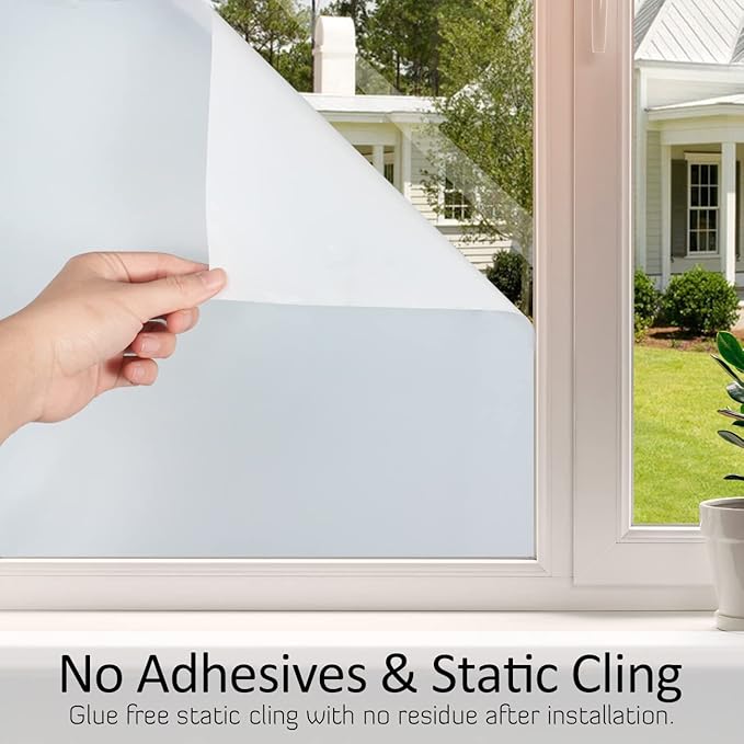 HIDBEA Frosted Window Privacy Film Non-Adhesive, Reusable UV Protection Window Glass Films Colorful Self Static Cling Removable Window Stickers (White Frosted, 17.7 Inch x 8.2 Feet)