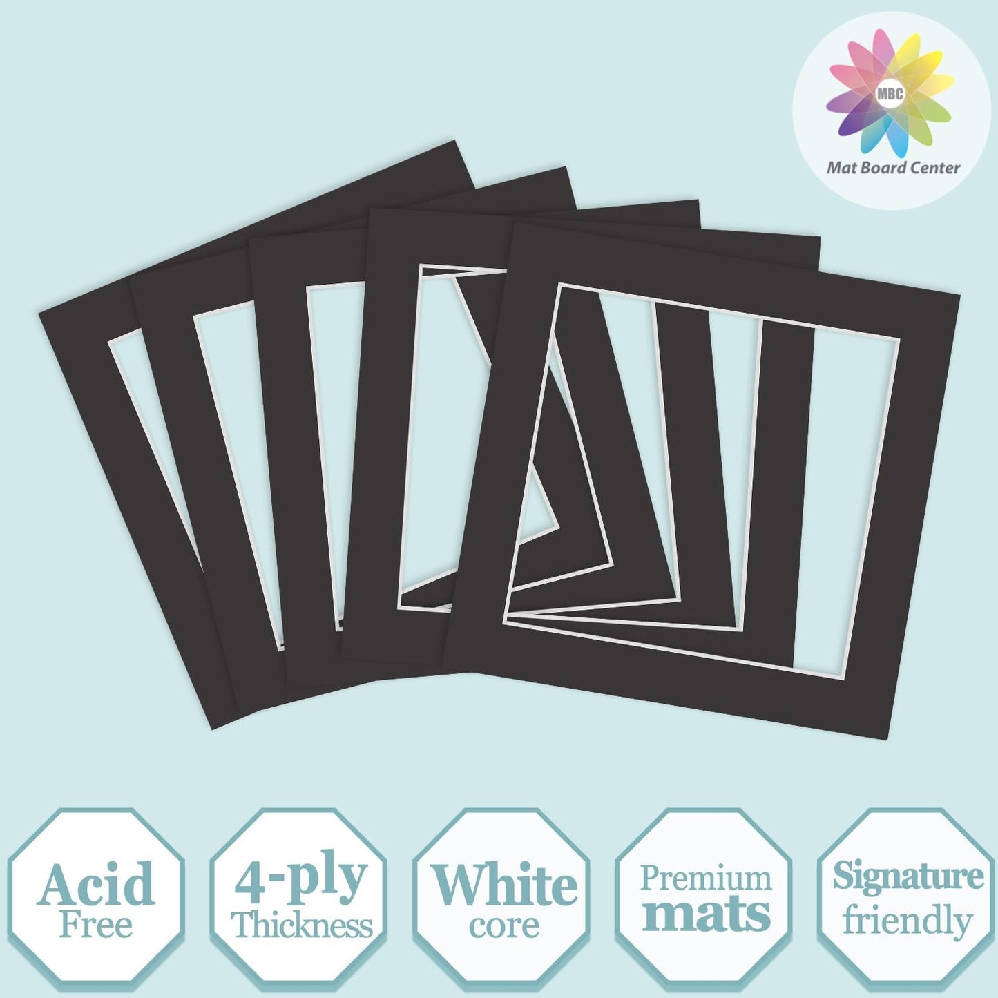MBC Mat Board Center, 5 Pack 10x10 for 8x8 Black Picture Mats Frame Mattes, Bevel Cut, Acid Free, 4-ply Thickness