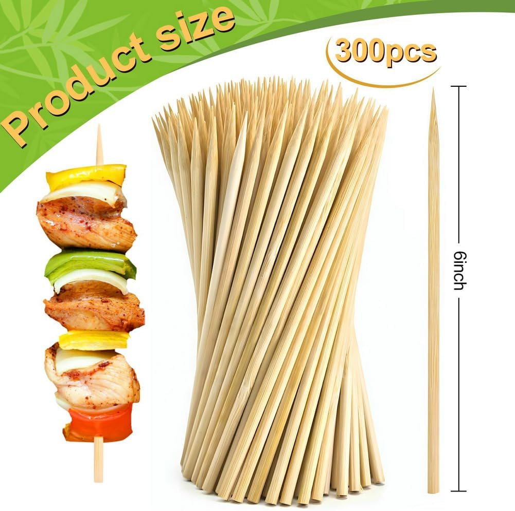300 Pcs 6 inch Natural Bamboo Skewers, Φ=4mm, PEOUWNES Food Sticks for Appetiser, BBQ, Fruit，Cocktail, Grilling Kebabs, Bouquet, Chocolate Fountain, Corn Dog, Kitchen, Barbecue, Crafting and Party