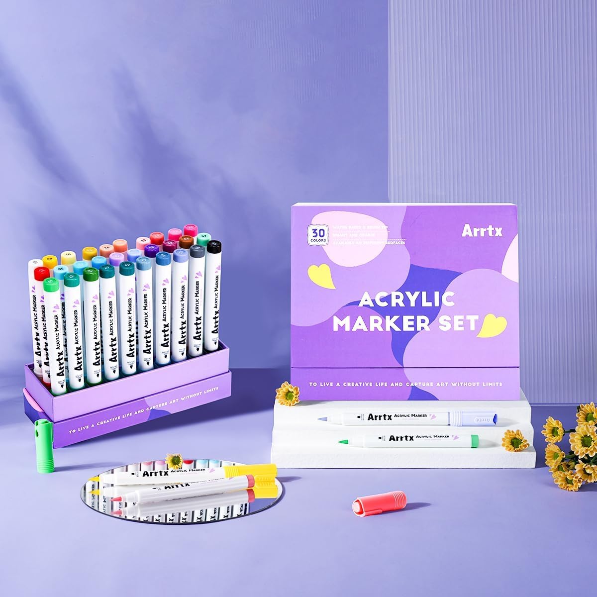 Arrtx 30 Colors Acrylic Paint Pens for Rock Painting, Extra Brush Tip, Water Based Paint Markers for Stone, Glass, Easter Egg, Wood and Fabric Painting-No Toxic,No Odor