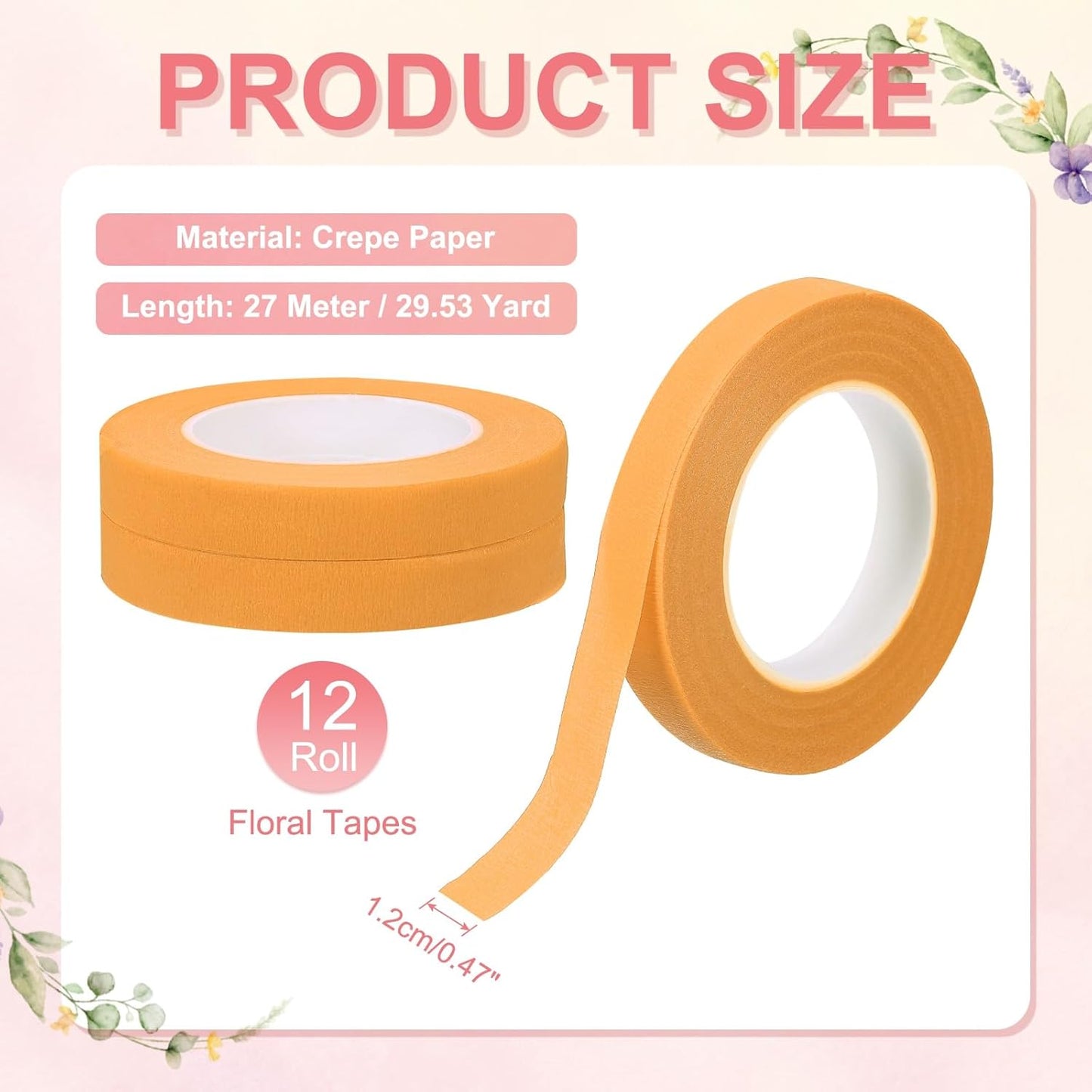 MECCANIXITY 12 Rolls Floral Tapes, 30 Yard x 1/16 in Florist Crepe Flowers Bouquets Tape Adhesive Waterproof for Flower Arranging Wrapping, Orange
