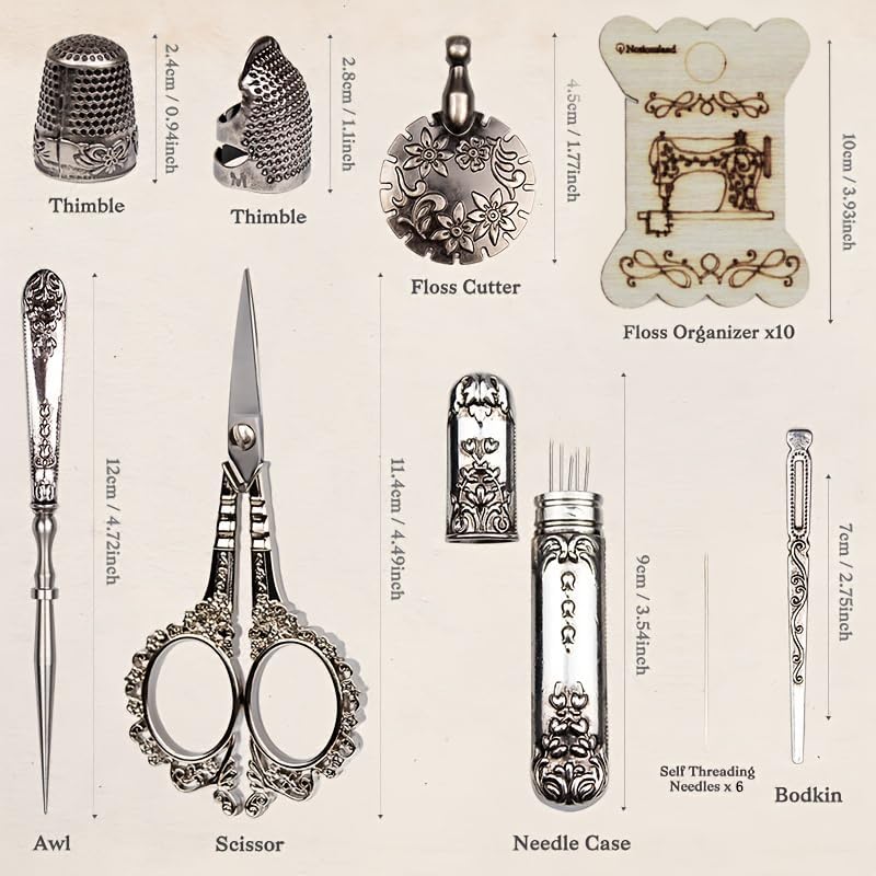 Vintage Embroidery Scissors Kit - Victorian Needlework Set with Thimble, Thread Cutter & Sewing Tools for Knitting, Quilting, Cross Stitch | Craft Gift