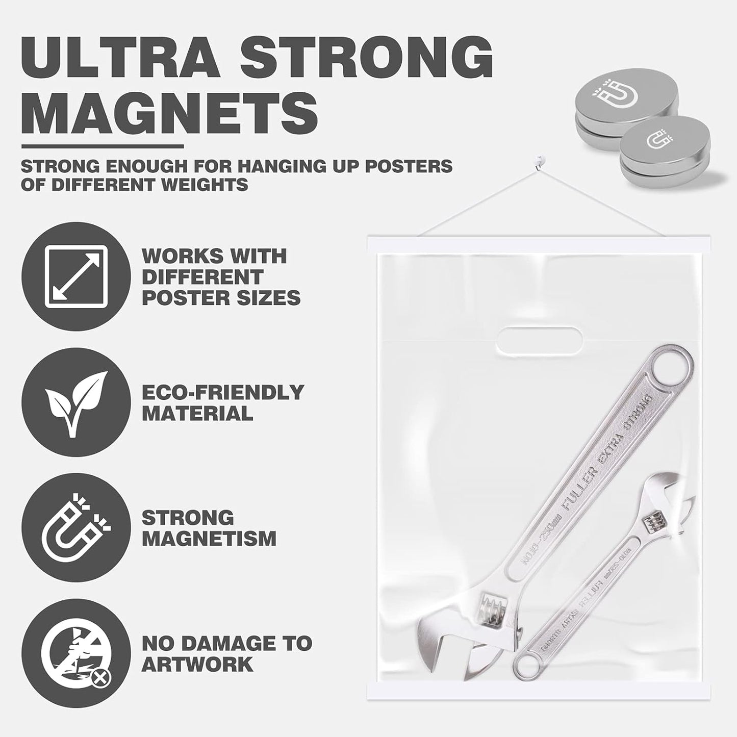 Ywlake Magnetic Poster Hanger, 20x28 20 x 30 20x24 Poster Frame Wood Wooden Magnet Print Posters Dowel Scroll Hanger Hangers Hanging Kit for Walls Map Canvas Artwork (White, 20")