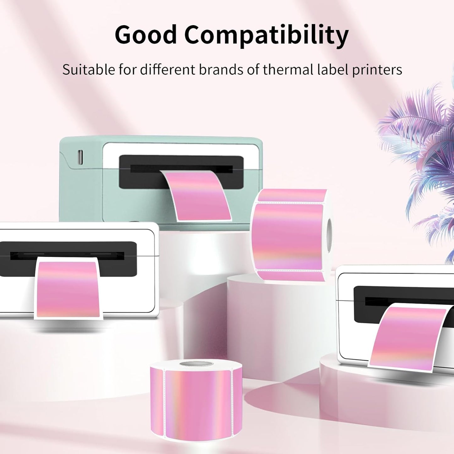 Square Thermal Labels Stickers 2" x 2", Holographic Pink Thermal Stickers Labels, Glitter Self-Adhesive Direct Thermal Label for Small Business- Perforation Line Design