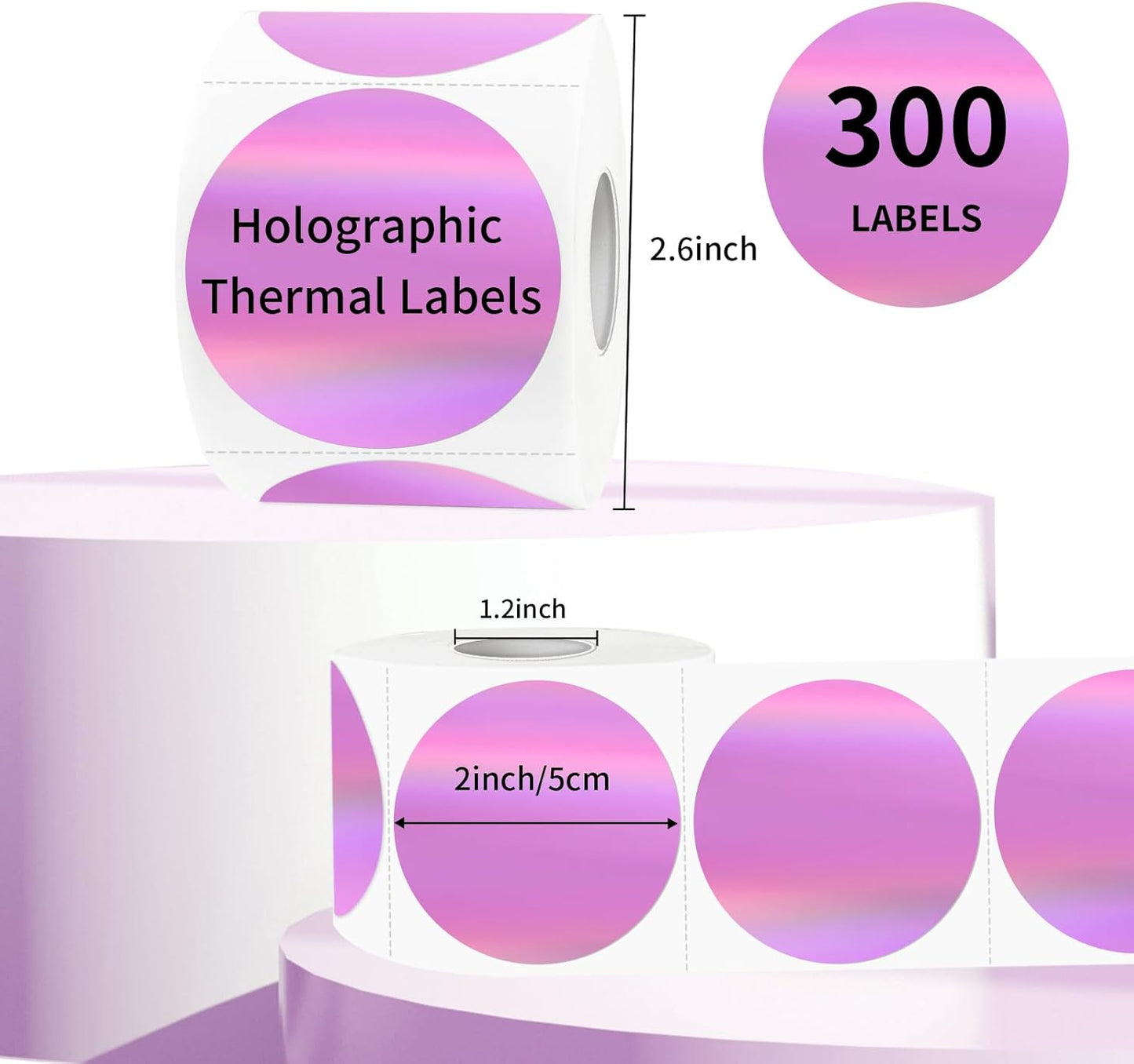 2" Circle Holographic Thermal Label Stickers, Round Printable Rainbow Glitter Thermal Printer Sticker Labels for Gift Wrapping, Self-Adhesive Name Price Tag DIY Custom Logo Design- Pink
