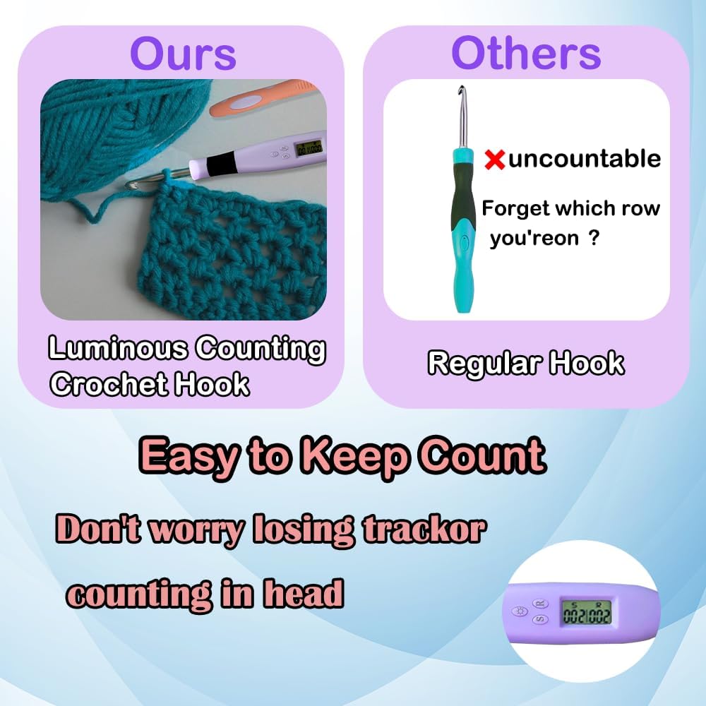 Yarniss 18 Size Counting Crochet Hooks Set with Light, Digital Crochet Hooks with Metal Head 2.0mm~14.0mm