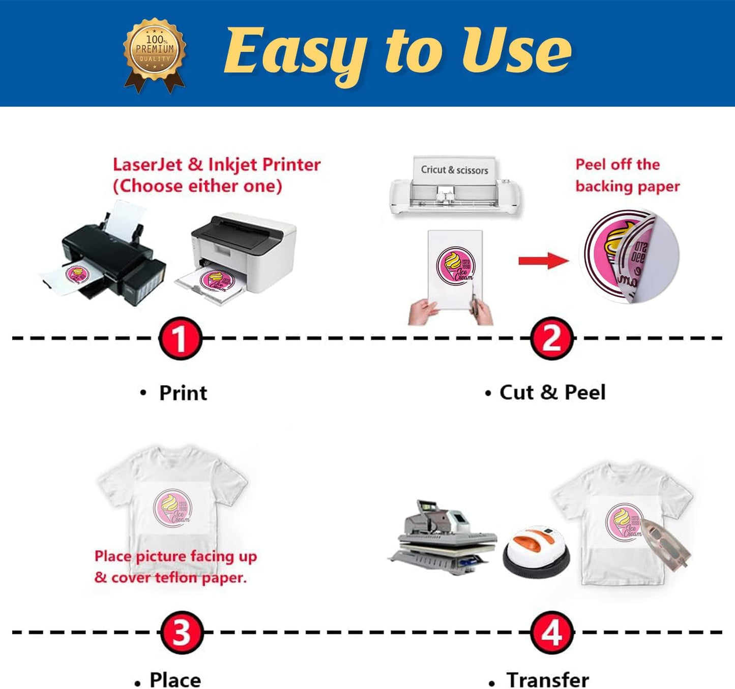 TransOurDream Tru-Heat Transfer Paper for Inkjet & Laserjet Printer (500 Sheets 8.5x11, 3.0) Printable HTV Heat Transfer Vinyl for T Shirts Iron on Transfers for Light Fabrics