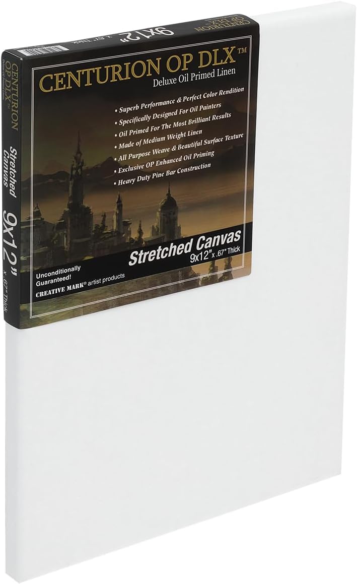 Centurion Deluxe Professional Oil Primed Linen Stretched Canvas, 11oz Linen, 9x12 - Box of 6, 0.67" Deep Canvases, Kiln-Dried Stretchers, Back Stapled, Premium Medium Weight Canvas for Oil Paintings