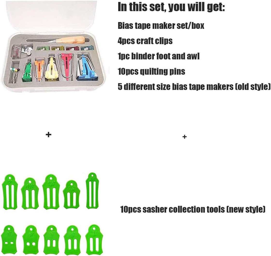 YICBOR Bias Tape Maker Kits All 5 Sizes 6MM 9MM 12MM 18MM 25MM Binding Foot Craft Clips Awl Quilter's Pin Comes with 10pcs Multi-Sizes Folding Fabric and Biasing Strips Roll Tool Set (Green)