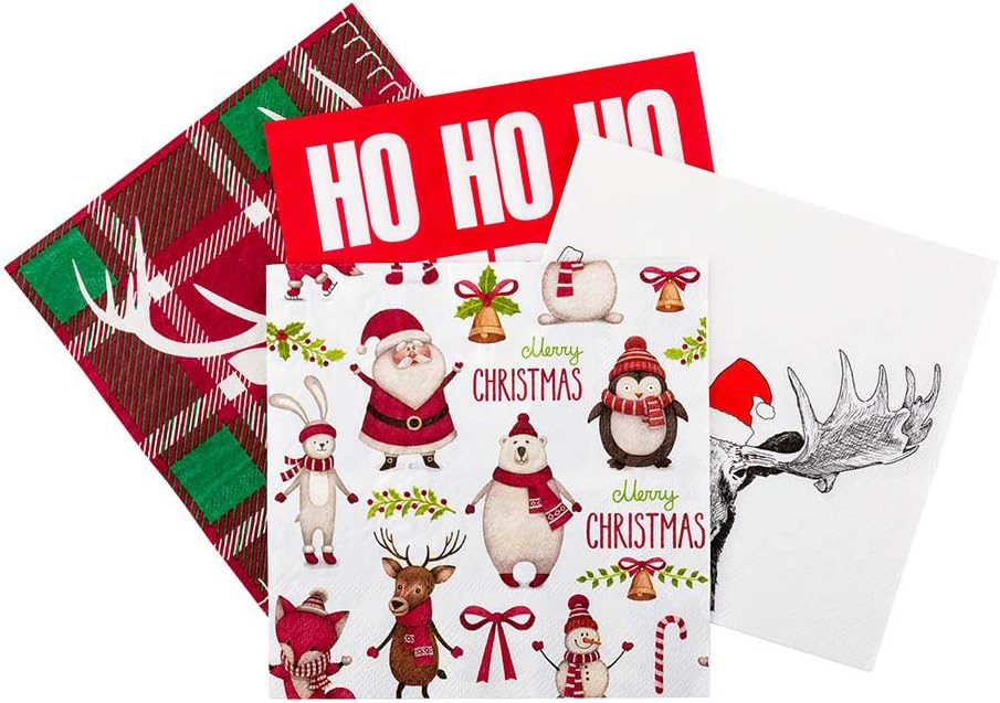13 Inch Paper Luncheon Napkins, 20 Merry Christmas Design Printed Napkins - 3-Ply, Textured Edges, White Paper Decorated Napkins, Soft And Strong, For Parties Or Catering Events - Restaurantware