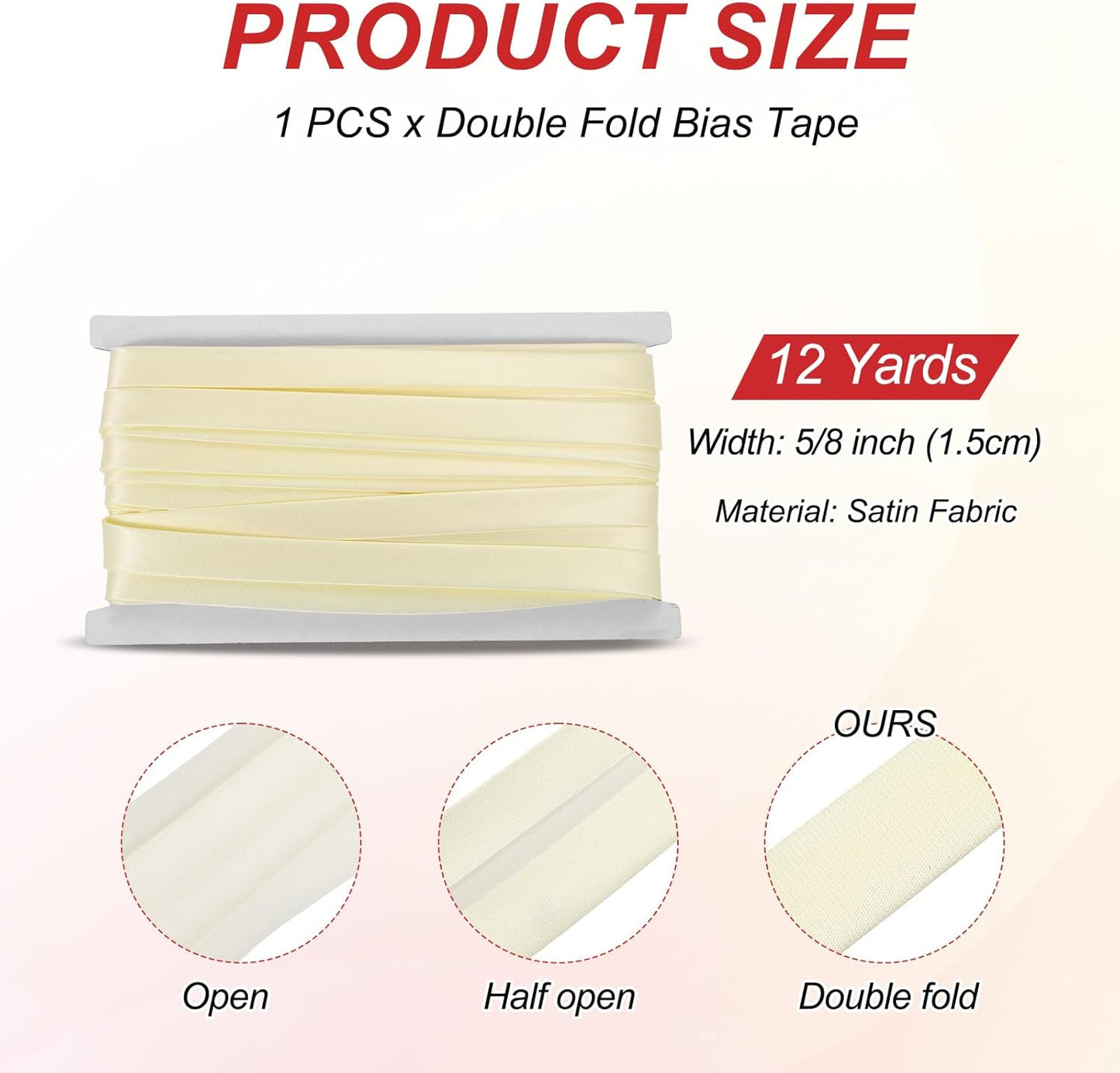 MECCANIXITY Double Fold Bias Tape for Sewing 5/8 Inch x 12 Yards Satin Pre-fold Continuous Binding Tape for Seaming Quilting Hemming Binding DIY Crafts, Beige White