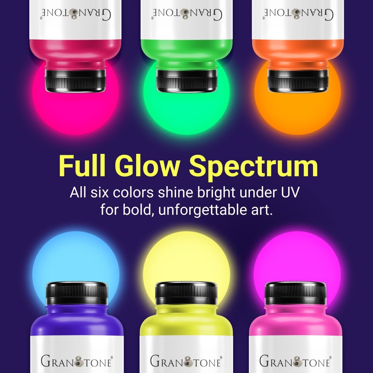 GRANOTONE Neon Fluorescent Acrylic Paint Set - 6 Colors, 4 oz Each | Glows in Black Light | Non-Toxic & Vibrant Paint | Ideal for Art, Crafts, Kids, & Hobbyists | Made in India