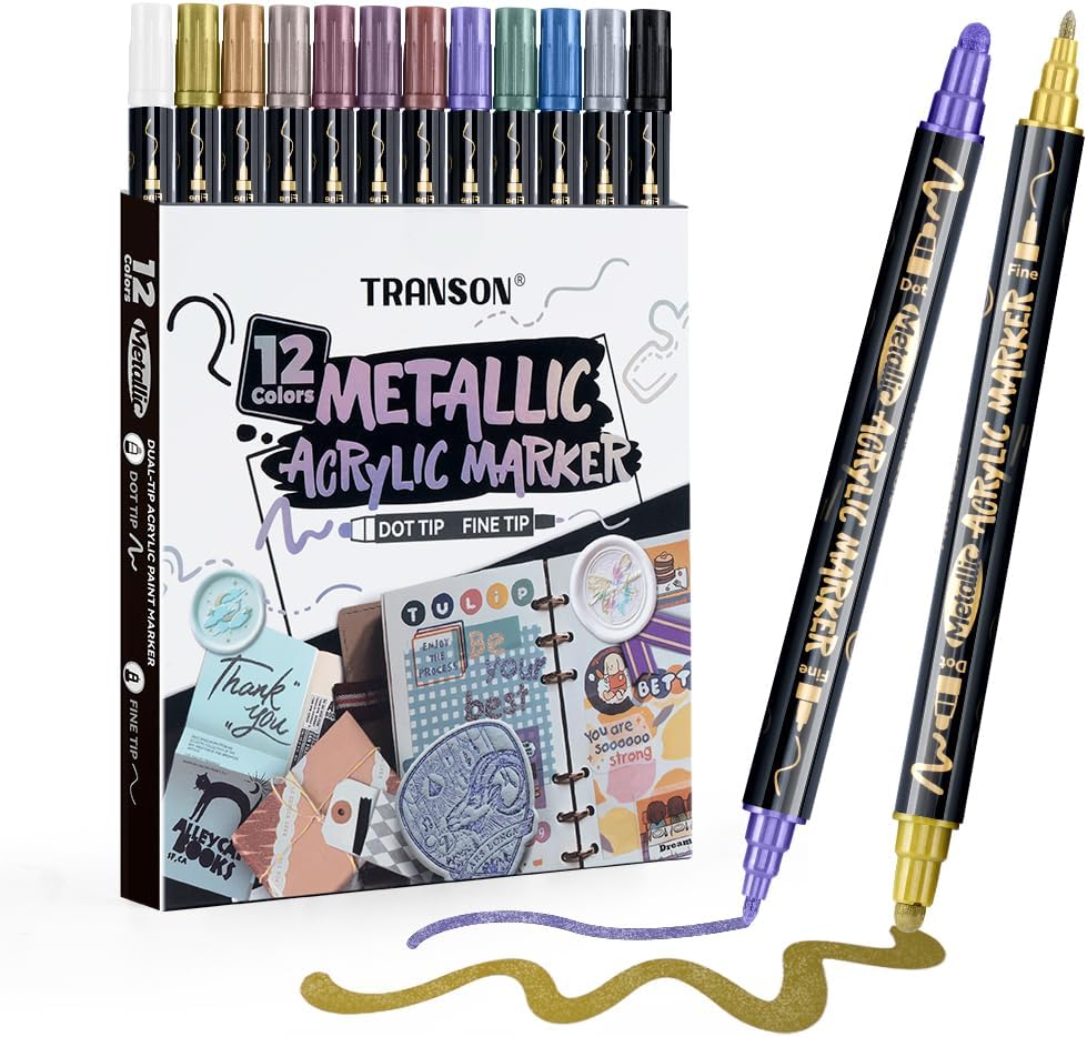 TRANSON 12Colors Metallic Paint Markers Bold and Fine Dual-tip for Rock Wood Ceramic Canvas DIY Painting Drawing