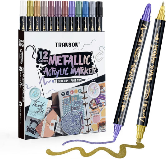 TRANSON 12Colors Metallic Paint Markers Bold and Fine Dual-tip for Rock Wood Ceramic Canvas DIY Painting Drawing