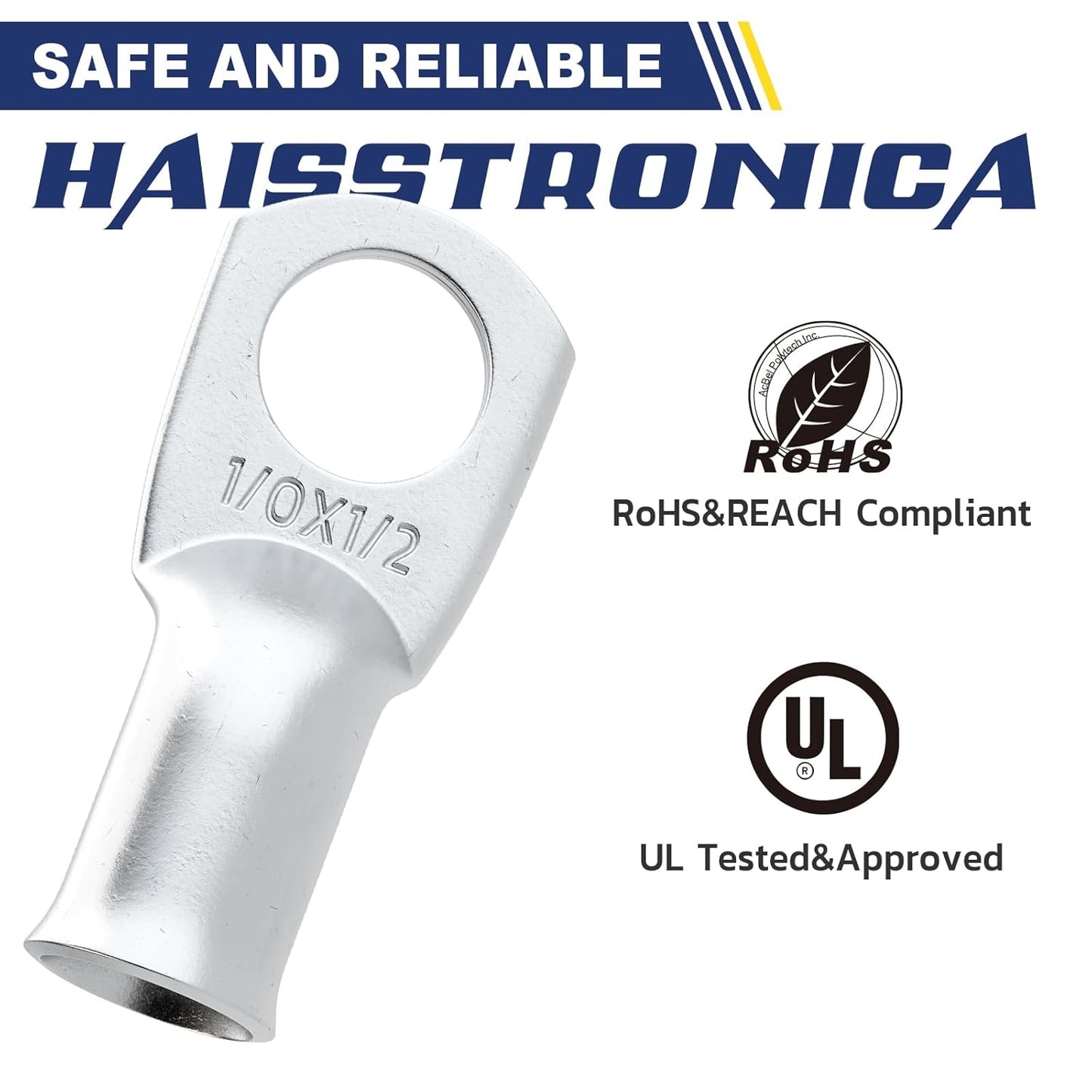 haisstronica 10pcs 1/0 AWG - 1/2" (M12) Tinned Copper Battery Lugs, Heavy Duty Copper Wire Lugs with 10pcs 3:1 Adhesive Heat Shrink Tubing, 0 Gauge Wire Lugs, Tinned Copper Battery Cable Ends