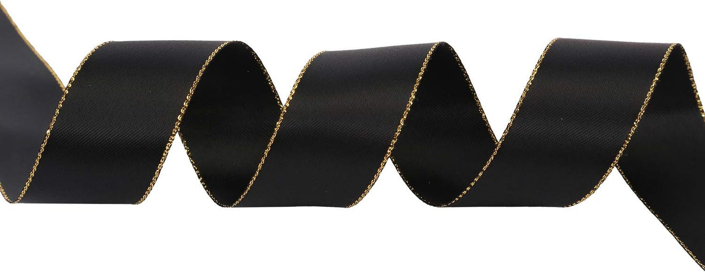 ITIsparkle 1" Inch Double Faced Satin Ribbon 25 Yards with Gold Edges, 1" X 25Yd - Black