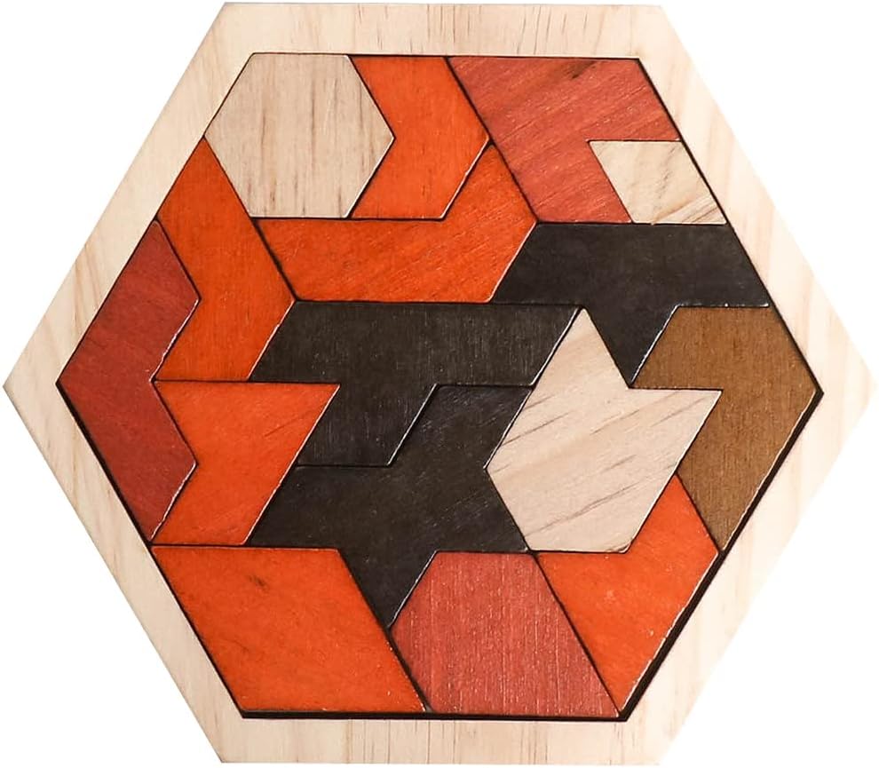 Skrtuan Wooden Puzzle Hexagon Tangram Puzzle for Kids Adults Brain Teasers Puzzles Game Challenge Toy Shape Pattern Block Tangram Family Portable Montessori Educational Gift for Kids Boys Girls