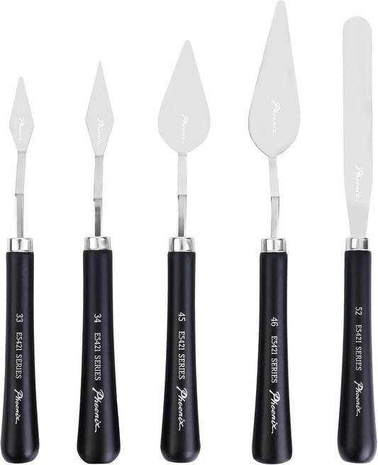 PHOENIX High Flexible Palette Knife Set, 5 Pieces Stainless Steel Painting Knives (33,34,45,46,52) Art Knife with Wood Handle, Paint Spatula for Oil Acrylic Paint - Painting Tools for Artists