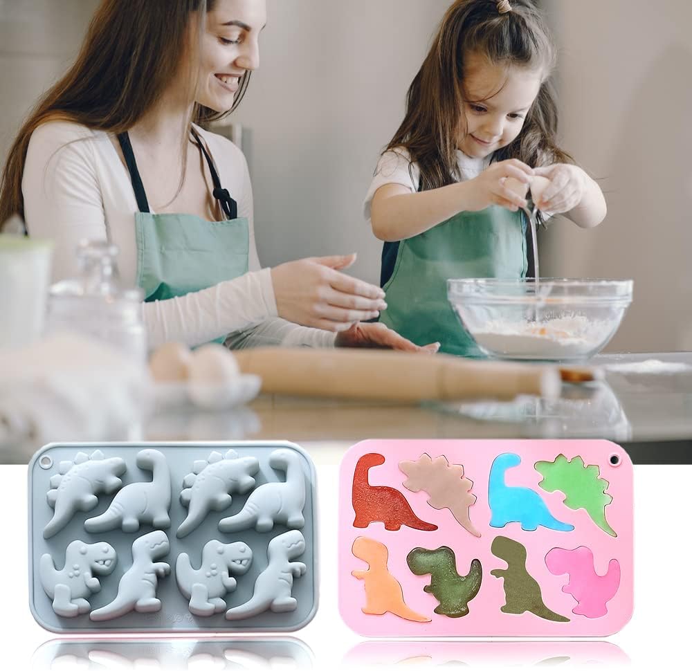2 Pack Cute Dinosaur Silicone Molds 3D Dinosaur Themed Baking Mould Tray DIY Baking Tool for Chocolate Cake Dessert Candy Mousse Pastry Handmade Soap Cupcake Topper