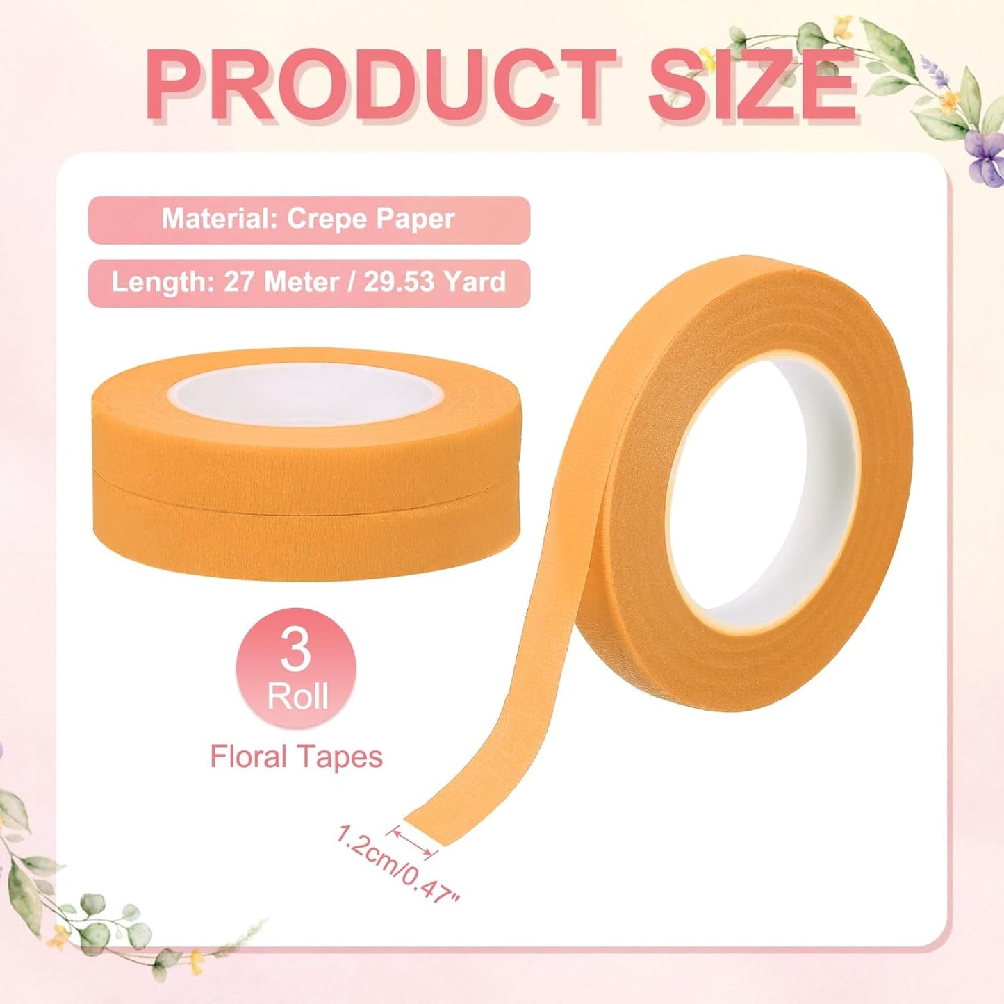 MECCANIXITY 3 Rolls Floral Tapes, 30 Yard x 1/16 in Florist Crepe Flowers Bouquets Tape Adhesive Waterproof for Flower Arranging Wrapping, Orange