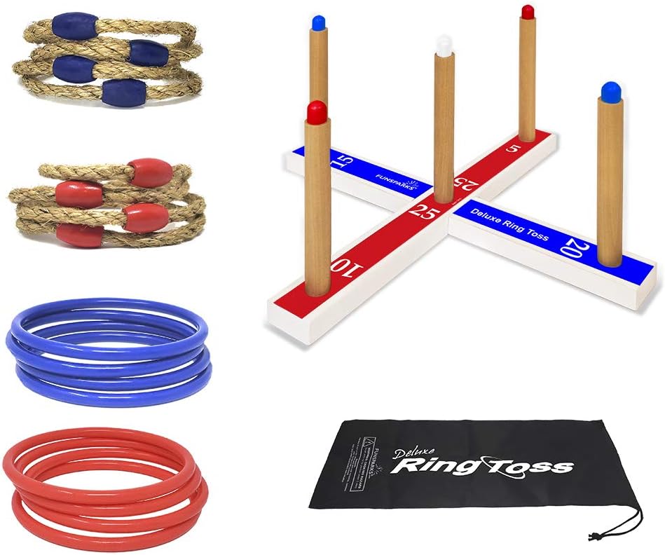 Ring Toss Game for Kids, Fun Ring Tossing Outdoor Game Set Carnival Games Set Indoor & Outdoor Game for Family and Friends with 16 Rings (8 Rope Rings, 8 Plastic Rings)