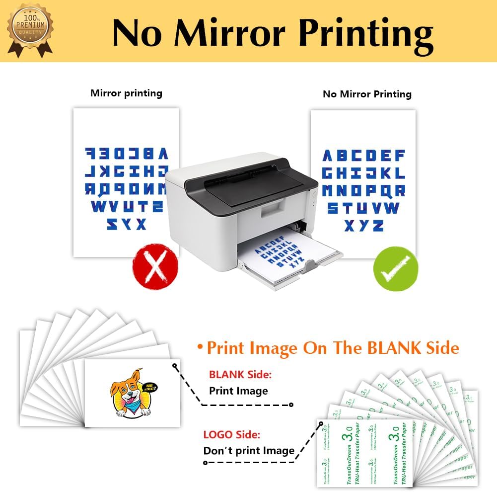 TransOurDream Tru-Heat Transfer Paper for Inkjet & Laserjet Printer (50 Sheets 8.5x11, 3.0) Printable HTV Heat Transfer Vinyl for T Shirts Iron on Transfers for Light Fabrics (L3-50)