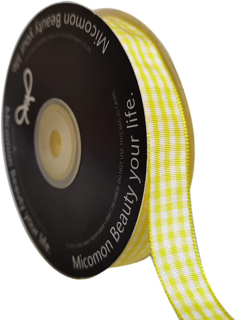 Yellow Gingham Plaid Checked Ribbon 25 Yards Each Roll 100% Polyester (5/8",Yellow)