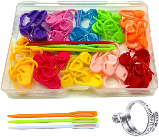Hayodo Stitch Markers 10 Colors Knitting Crochet Locking 60/160/240Pcs Stitch Needle Clip Counter with 3 Plastic Needle Randomly and 1 Knitting Crochet Loop Ring (Multicolor-60 pcs)