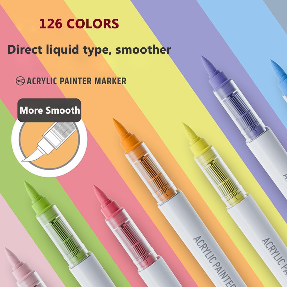 126 Colors Acrylic Paint Markers, Soft Brush Tip Acrylic Paint Pens for Paper, Rock Painting, Glass, Mugs, Fabric, Water Based Drawing Marker Set, Acrylic Painter Ink