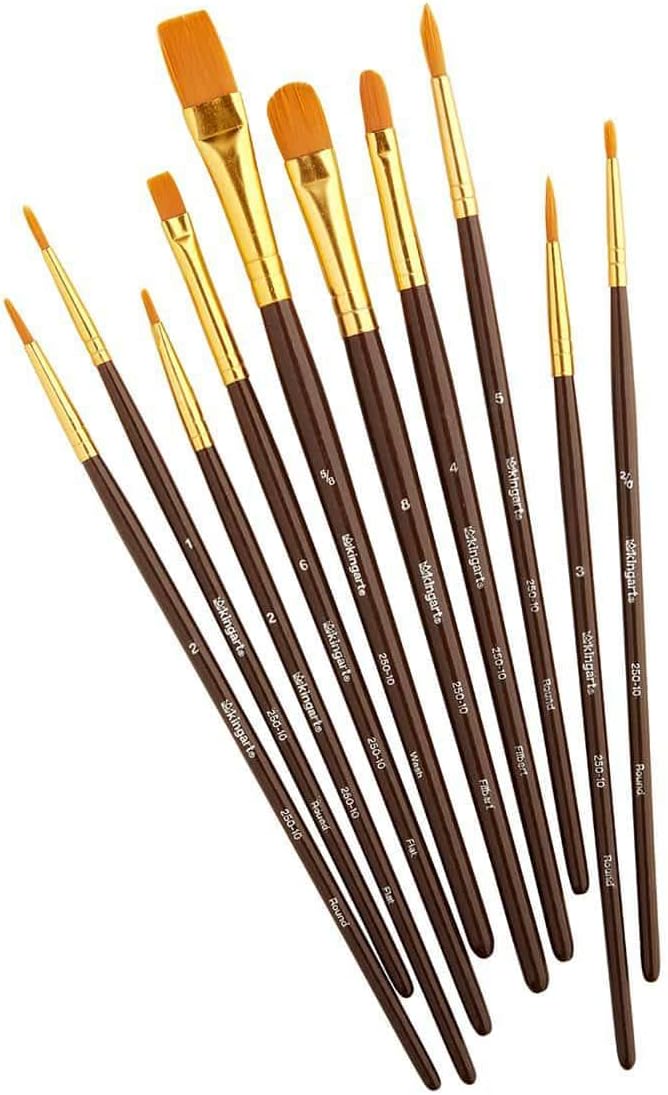 KINGART 10-Piece Paint Brushes, Acrylic Painting Brush Set, Watercolor Brushes, Acrylic Brushes for Oil Watercolor, Nail Miniature Detailing, and Rock Painting