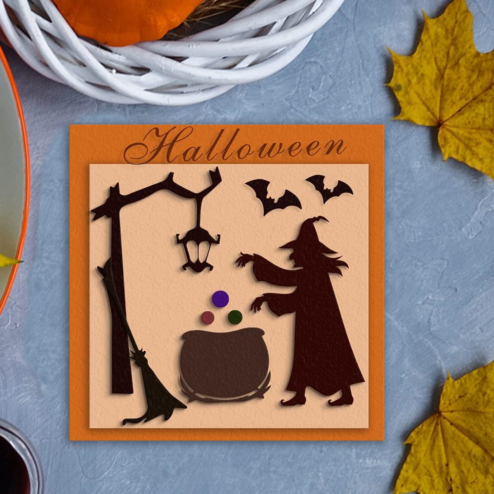 Metal Halloween Cauldron Potion Witch Die Cuts Tree Cutting Dies Embossing Stencil Template for Card Making Scrapbooking Paper Craft Album Stamps DIY Halloween Décor