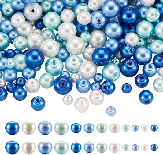 1840Pcs 4/6/8mm Glass Pearl Beads Multi Colors Round Spacer Pearlized Beads for DIY Craft Jewelry Making, Mixed Blue & White