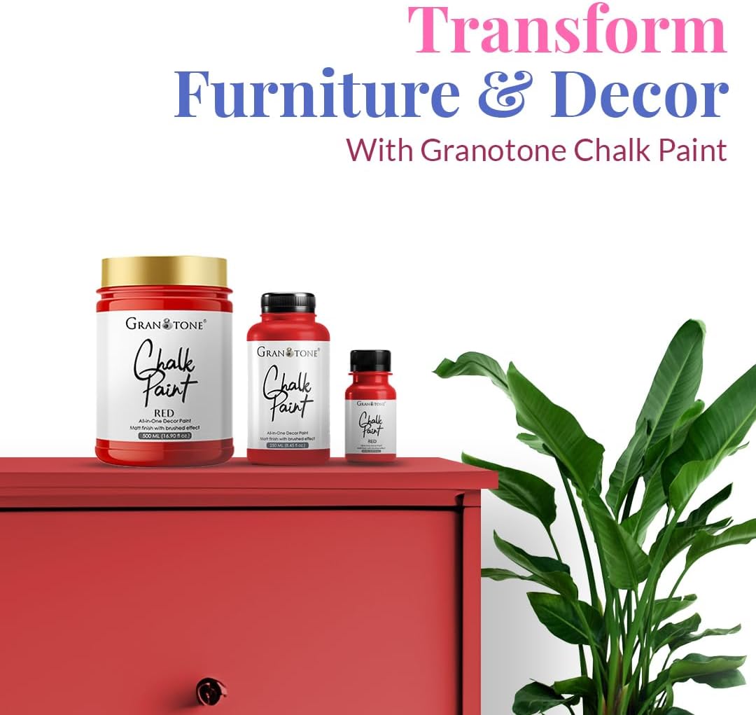 GRANOTONE Chalk Paint for Furniture, Matt-Finish Water-Based Acrylic Paint for Wood, Walls, Metal, Glass, Paper, Fabric Canvas, Maximum Coverage Chalk Paint for Kids & Adults, 250 Ml (RED)