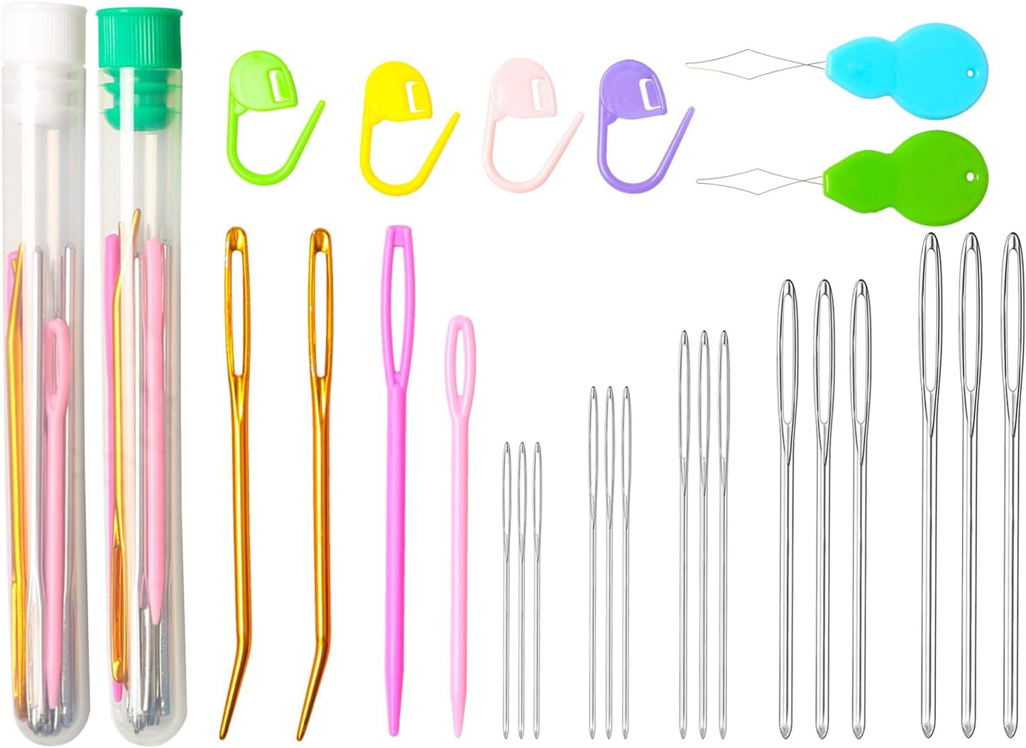 Hekisn 45Pcs Large Eye Blunt Yarn Needles kit, Assorted Sizes Bent Tapestry Darning Needle, Sewing Needles with Needle Threaders & Stitch Markers for Knitting Crochet (Green&White)