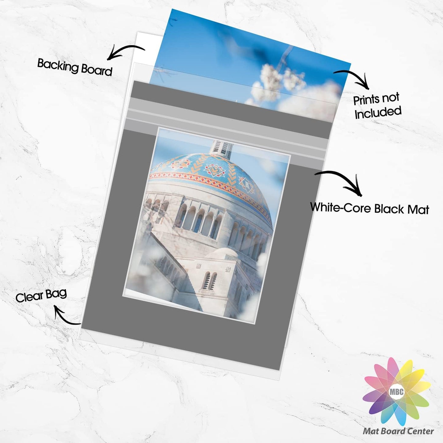 Mat Board Center, Pack of 25, 16x20 for 11x14 Black Picture Mat Sets - Acid Free, 4-ply Thickness, Bevel Pre-Cut White Core - Includes Backing Boards and Clear Bags - for Pictures, Photos, Framing
