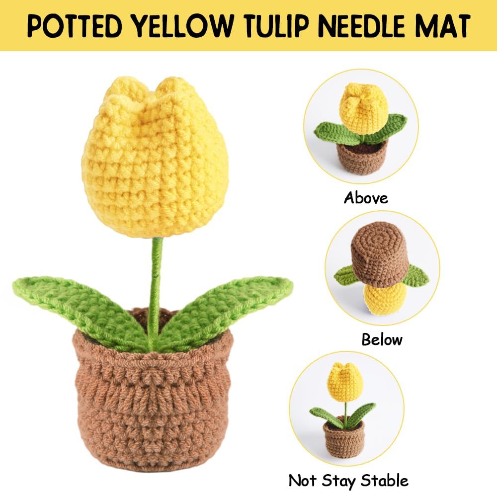 Tulip Pin Cushion, Handmade Knitted Pincushions, Cute Pin Cushions Needle Holders for Sewing Quilting Accessory, DIY Crafts or Patchwork Decor.Flowerpot Design Yellow Tulip