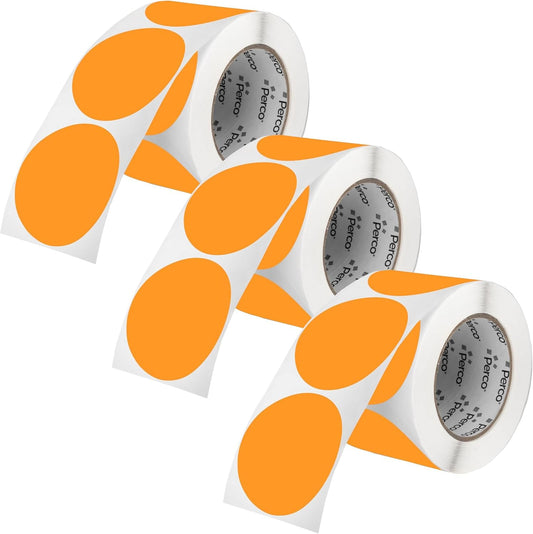 Perco Fluorescent Orange 3-Inch Round Circle Dot Sticker Labels - Multi-Roll Pack (3 Rolls, 500 Labels Each) - Permanent Adhesive, Vibrant Colors, Strong Hold - Perforated for Easy Use - Made in USA
