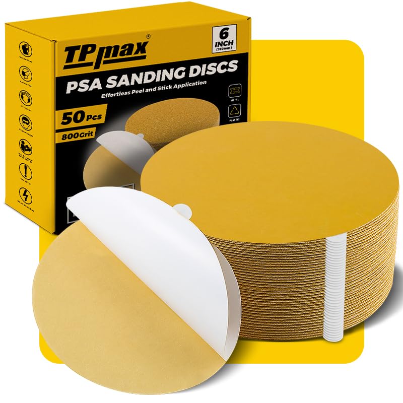 6-Inch 800-Grit Gold PSA Sanding Discs, 50 Pack – Pro-Grade Self-Adhesive Stickyback Sandpaper with Quick-Release Tabs for DA Sander, Ultra-Smooth Automotive/Wood/Metal Sanding