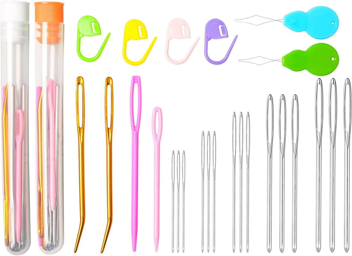 Hekisn 45Pcs Large Eye Blunt Yarn Needles kit, Assorted Sizes Bent Tapestry Darning Needle, Sewing Needles with Needle Threaders & Stitch Markers for Knitting Crochet (Orange&White)