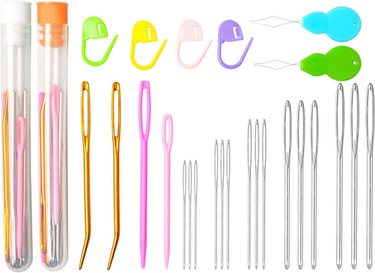 Hekisn 45Pcs Large Eye Blunt Yarn Needles kit, Assorted Sizes Bent Tapestry Darning Needle, Sewing Needles with Needle Threaders & Stitch Markers for Knitting Crochet (Orange&White)