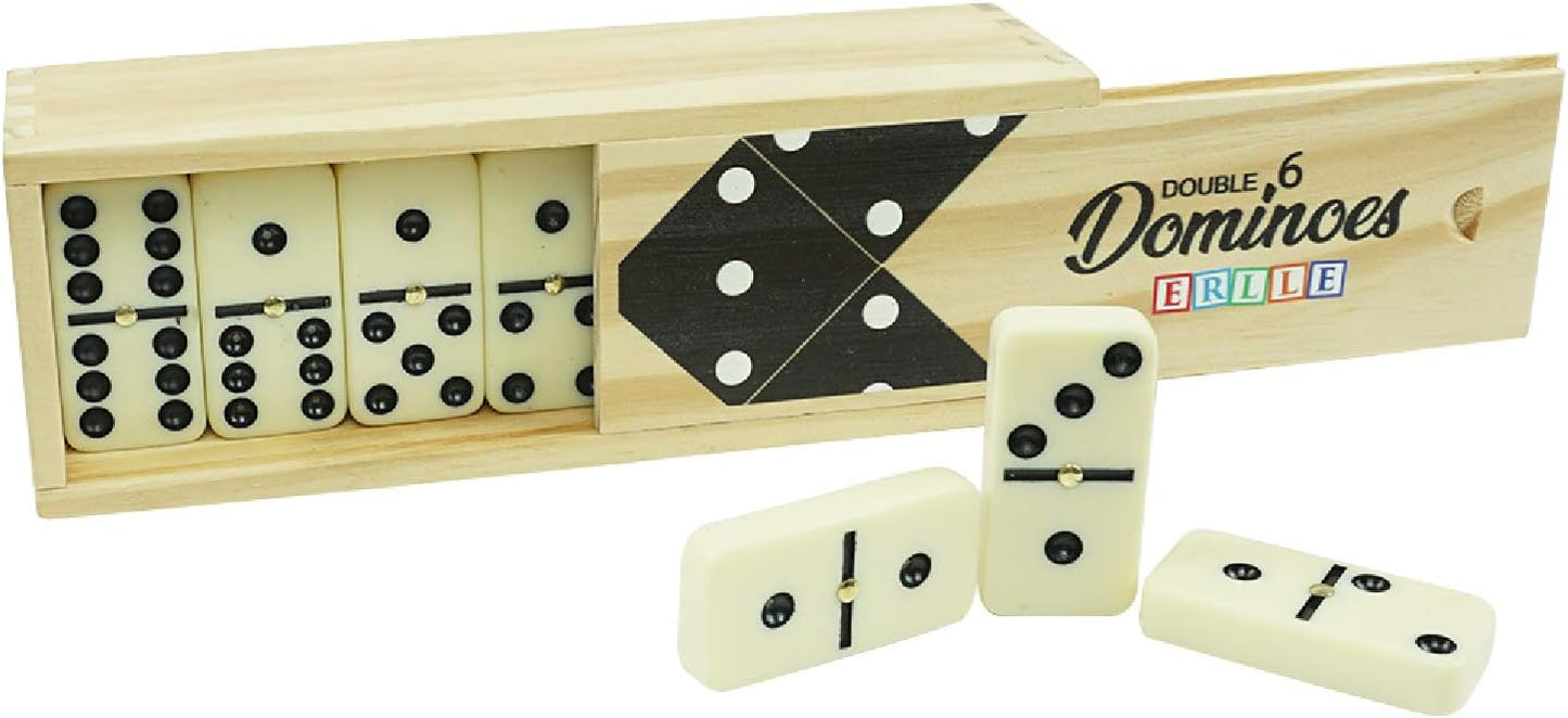 ERLLE - Dominoes Set, Premium Classic 28-Piece Double Six Domino Set with Wooden Case, Family & Kids Board Game, Mexican Train, Chicken Foot, and Classic Domino Games