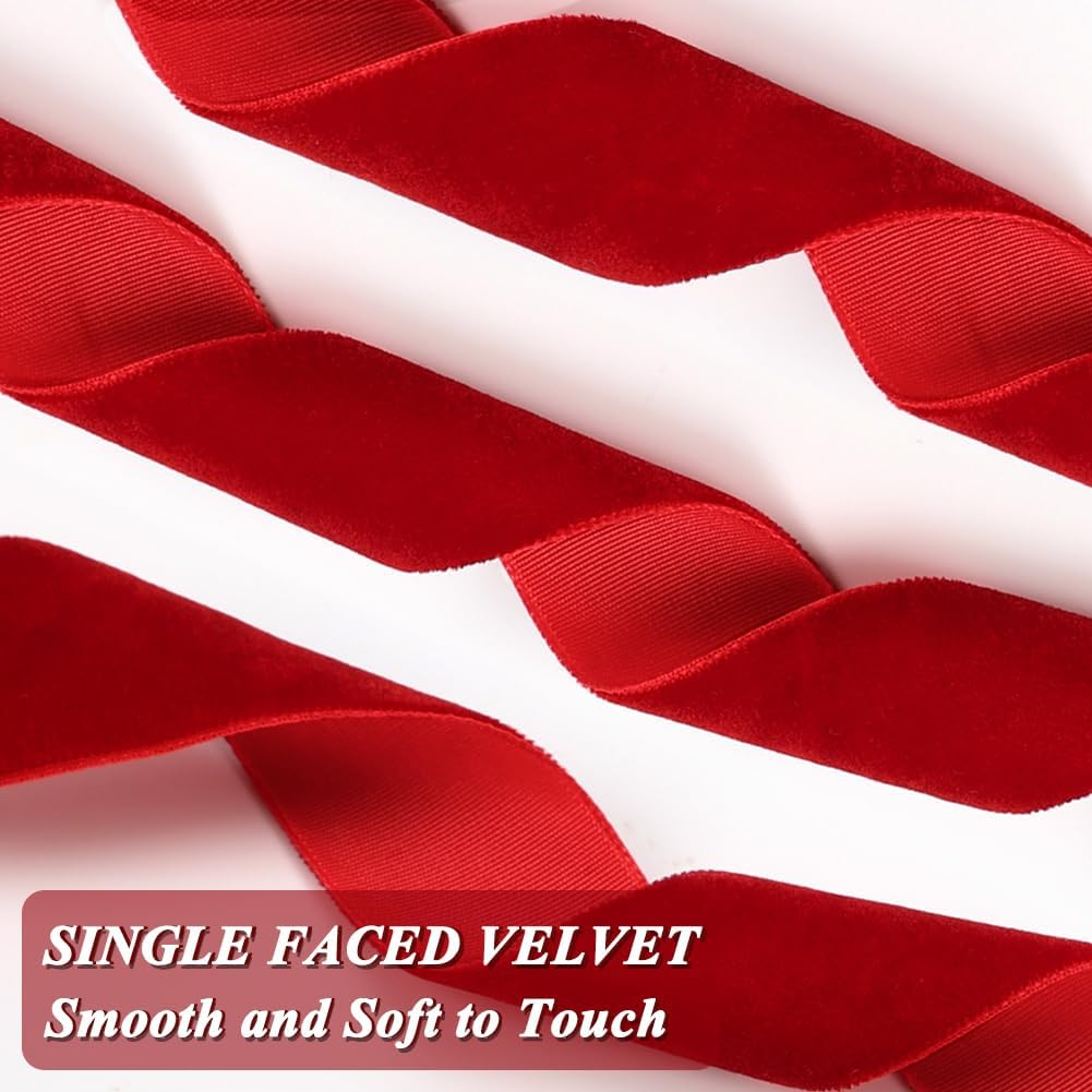 Red Velvet Ribbon, 1 Inch x 20 Yards Single Faced Red Ribbon for Gift Wrapping, Bow Making, Christmas Tree Decorations, Wreath Making and DIY Crafts (10 Yards Each Roll)