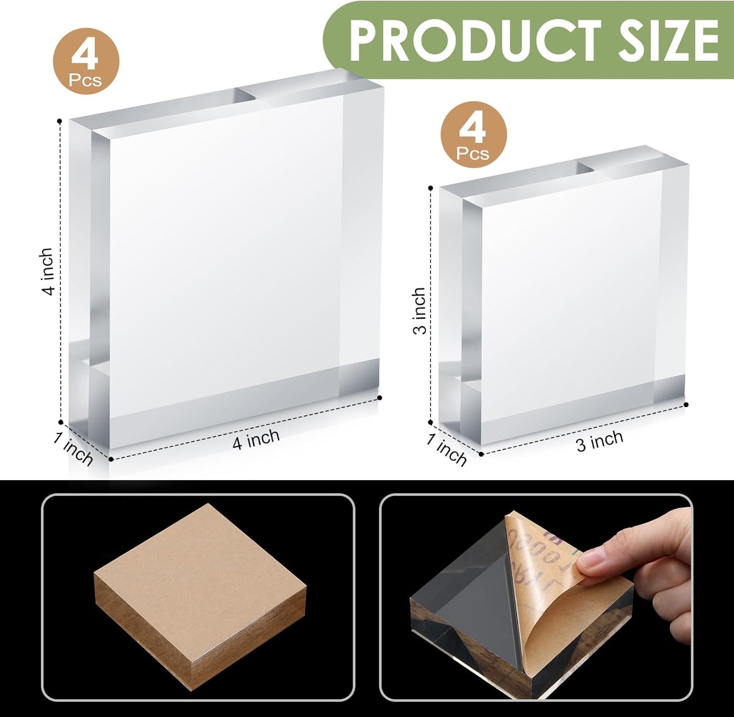 Remerry 8 Pieces Acrylic Display Block 3 x 3 x 1 Inch, 4 x 4 x 1 Inch Clear Polished Acrylic Square Display Cube Block Stand Holder for Rings Jewelry Ornaments