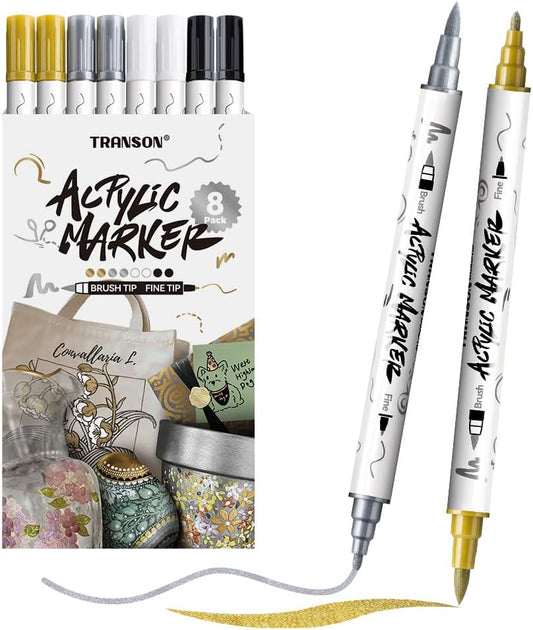 TRANSON 2 Gold, 2 Silver, 2 Black and 2 White Paint Markers Brush and Fine Dual-tip Acrylic Paint Marker Set for Rock Painting Glass Canvas Wood Leather Ceramic Painting