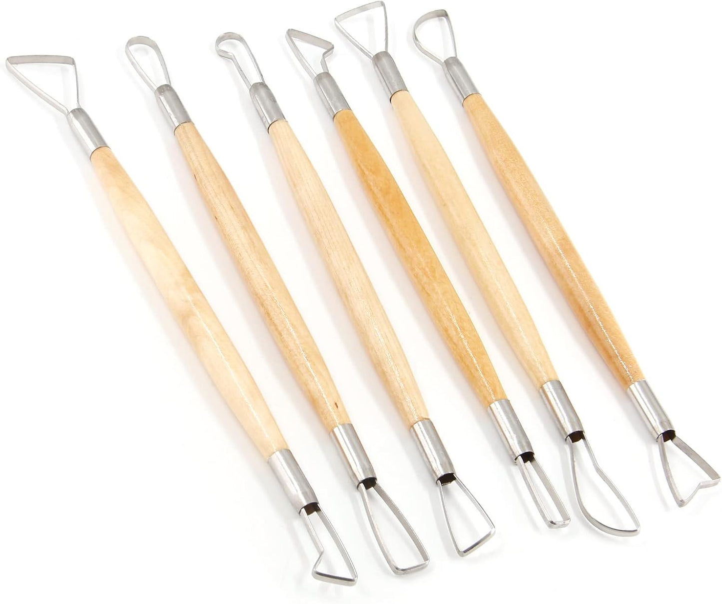 Suiwotin 6pcs Double-Sided Clay Sculpting Tools, Wooden Handle Ribbon Clay Tools, Pottery Trimming Tool, Clay Wire Loop Sculpture Set for Ceramic, Wax Carving Modeling