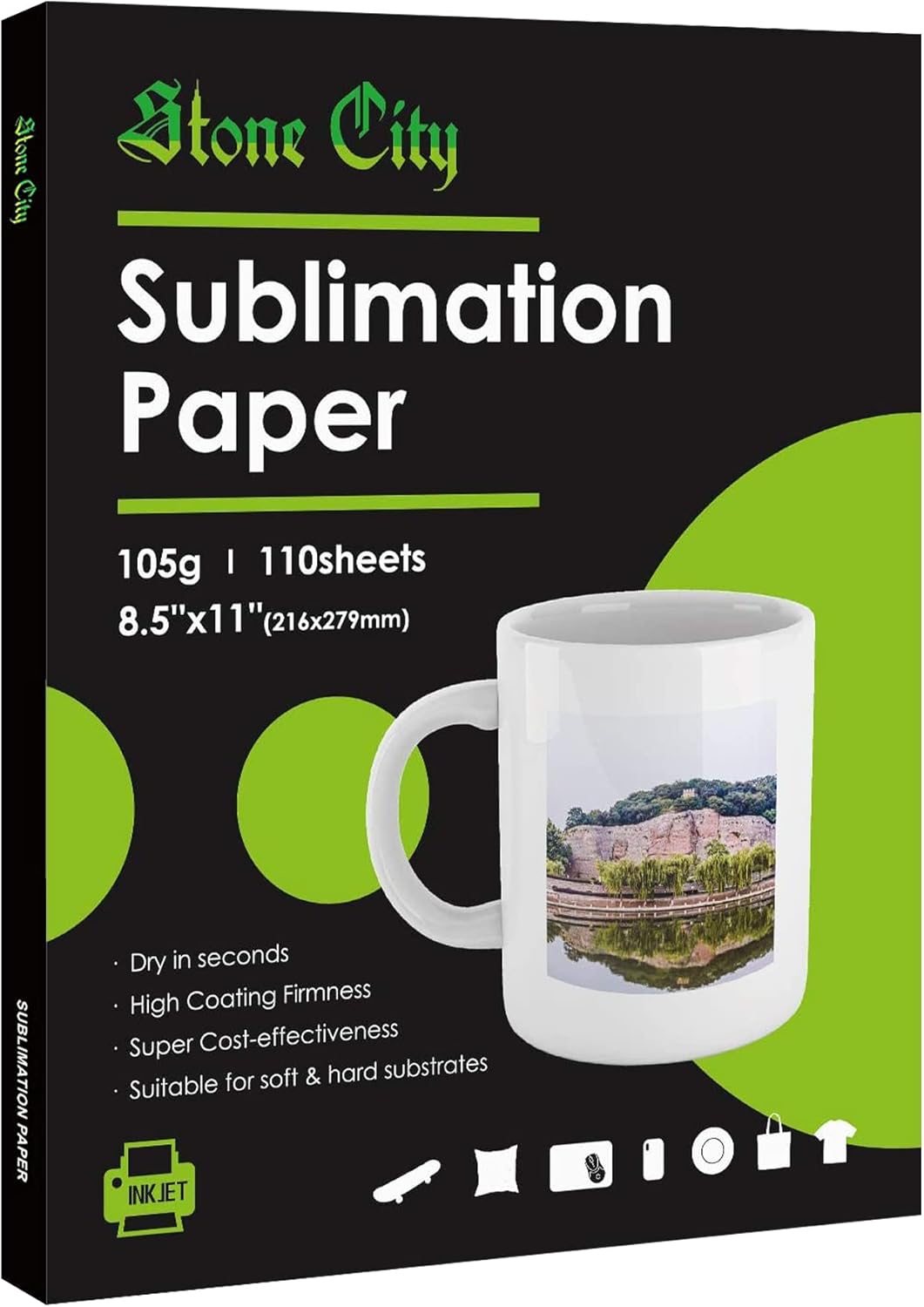 Stone City Sublimation Paper 8.5x11 Inch 110 Sheets 105g for Heat Transfer Light Fabric, T Shirt, Mug, Tumbler, Compatible with Inkjet Printer with Sublimation Ink