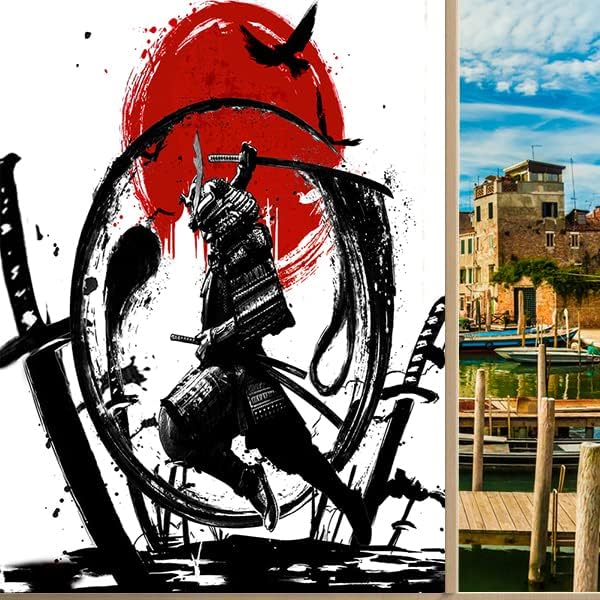 Japanese Samurai Decorative Window Film Watercolor Ink Samurai Sword Red Sun Printdining Room Window Film,Dorm Room Glass Film 23.6Wx78.7L-Inch X1Pcs