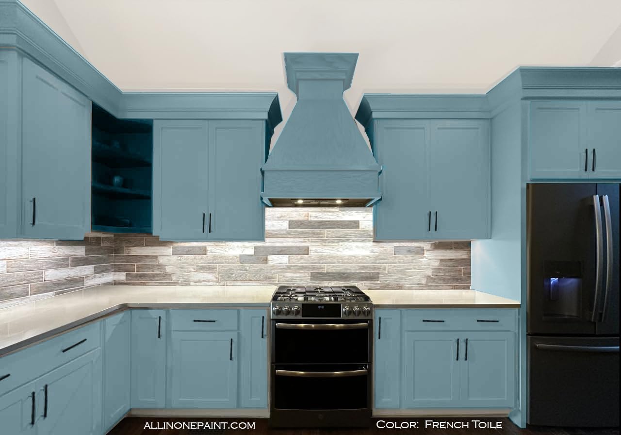 ALL-IN-ONE Paint, Durable cabinet and furniture paint. Built in primer and top coat, no sanding needed. Includes our 30 featured color card - French Toile (warm blue), Gallon