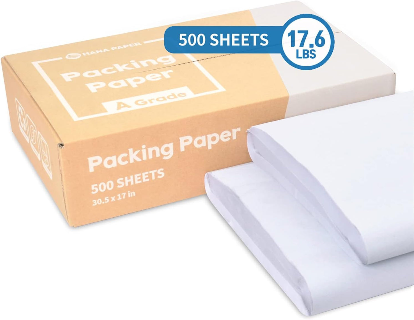 HANA PAPER 30.5" x 17" Large size (500 sheets, 17.6lb) Packing Paper Sheets for Moving, A grade of Newsprint paper for wrapping, storage, shipping. Box packaged. Ideal for wrap dish, glassware.